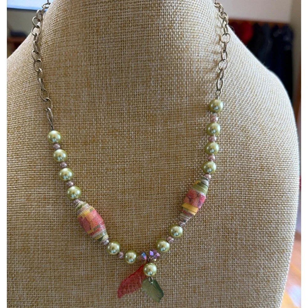 Handmade Beaded Necklace Green Faux Pearl‎ Rolled Paper Beads Leaf Charm Boho